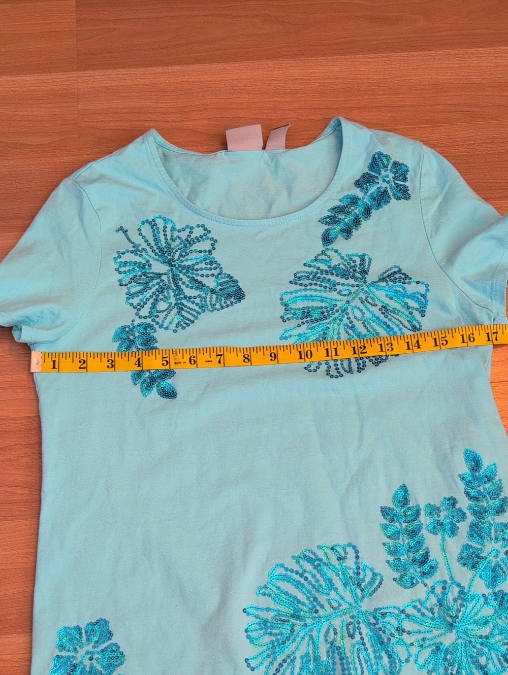 Chico's Turquoise Tropical Sequin Palm Leaf Hibiscus Tee Size S - Picture 5 of 8